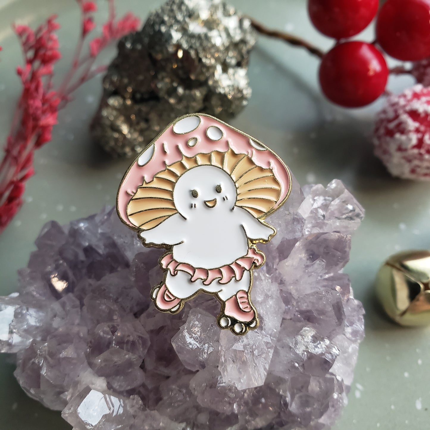 Pink Rollerskating Mushroom Pin