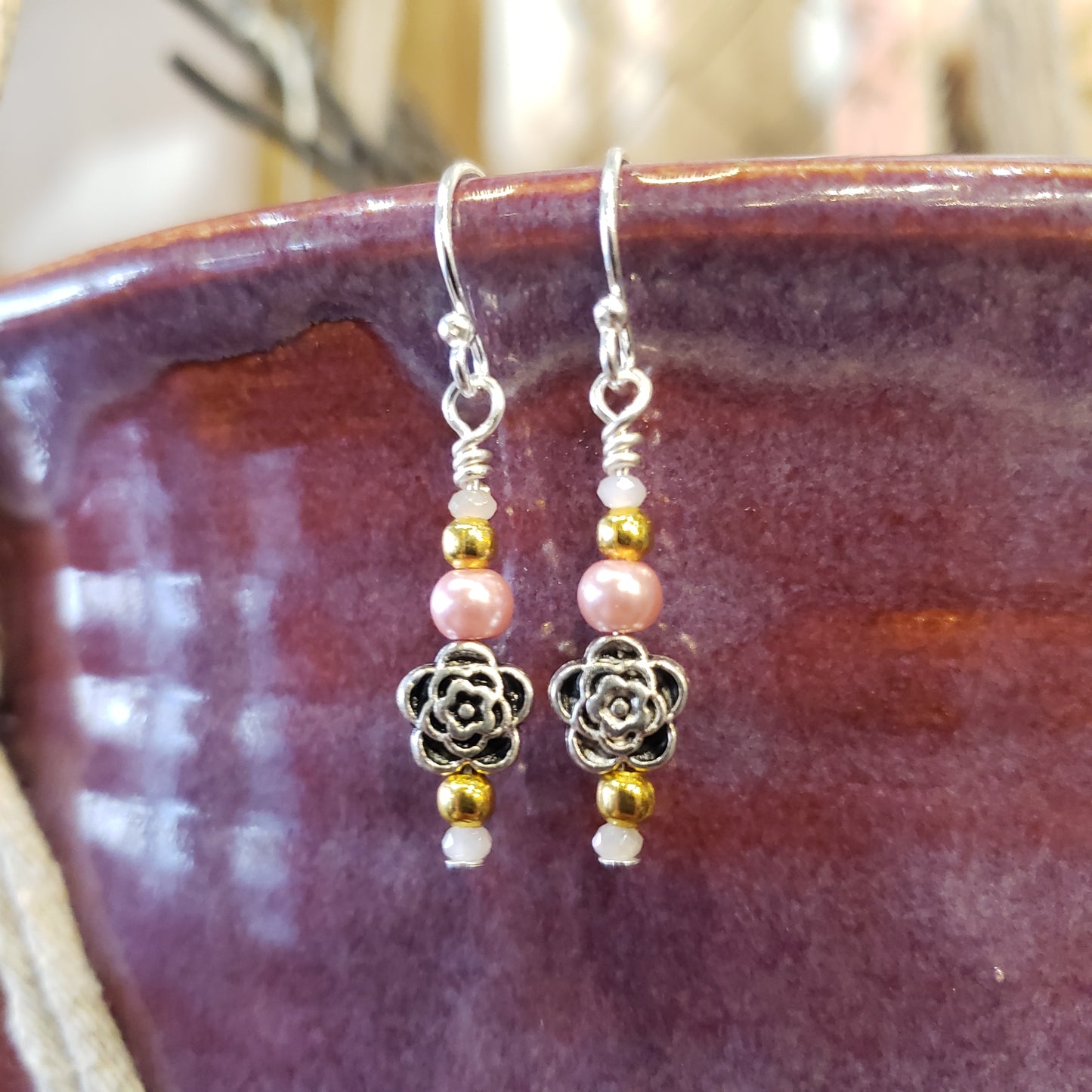 Silver & Pink Flower Earrings