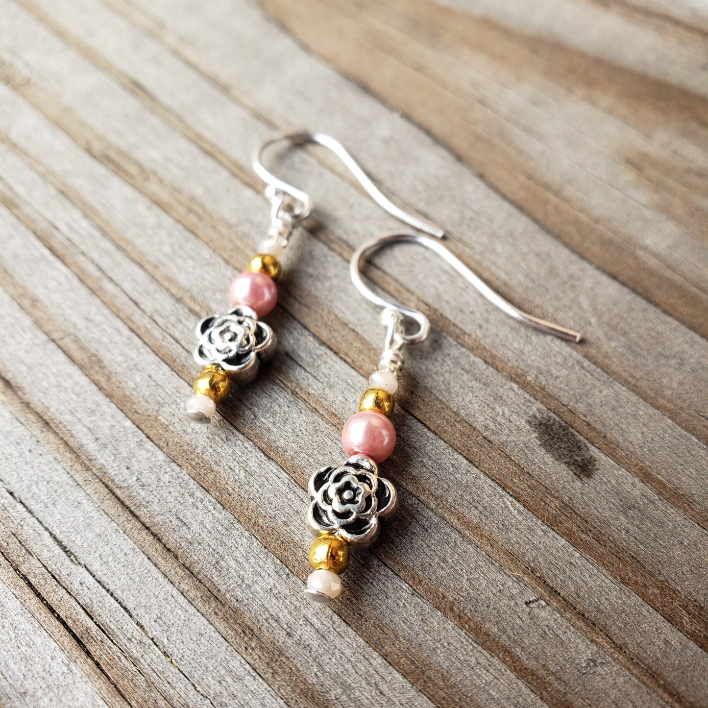 Silver & Pink Flower Earrings