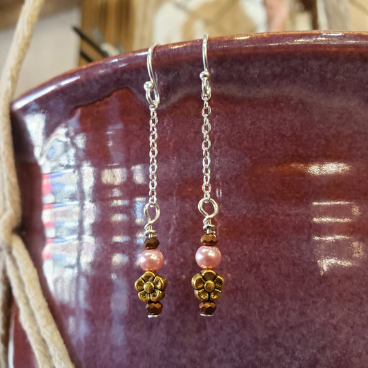 Dainty Dangly Silver & Gold Flower Earrings