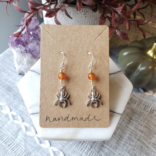 Carnelian Spider Earrings - Silver or Gold