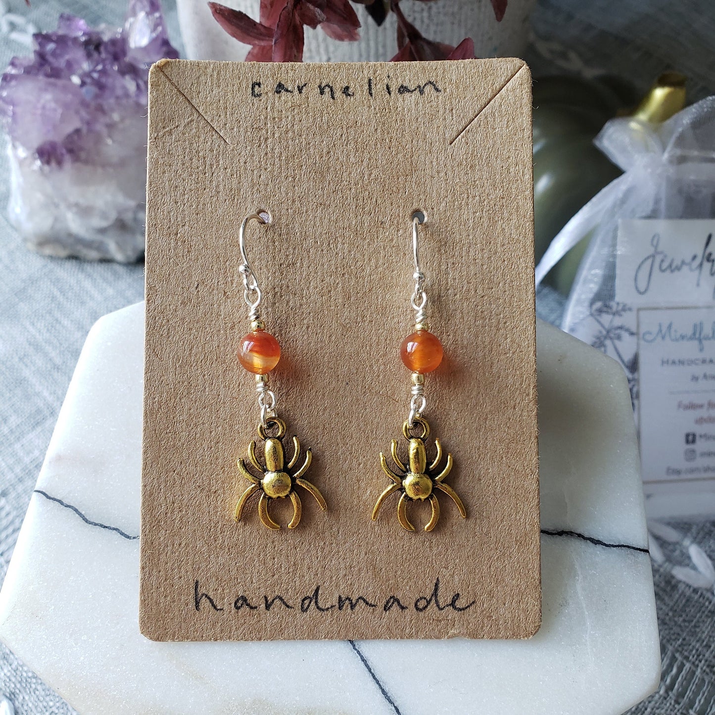 Carnelian Spider Earrings - Silver or Gold