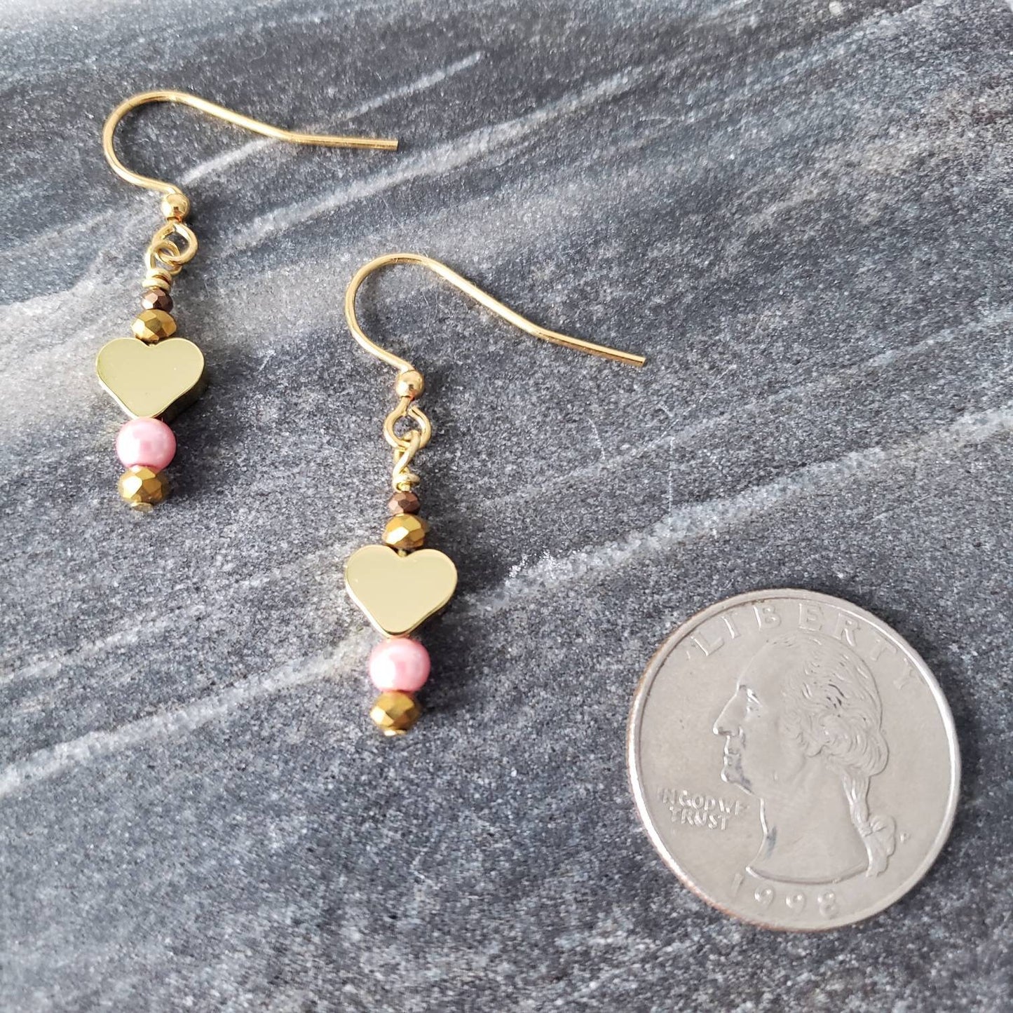 Pink Pearl Earrings w Gold Hearts