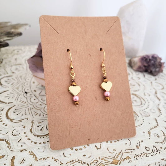 Pink Pearl Earrings w Gold Hearts